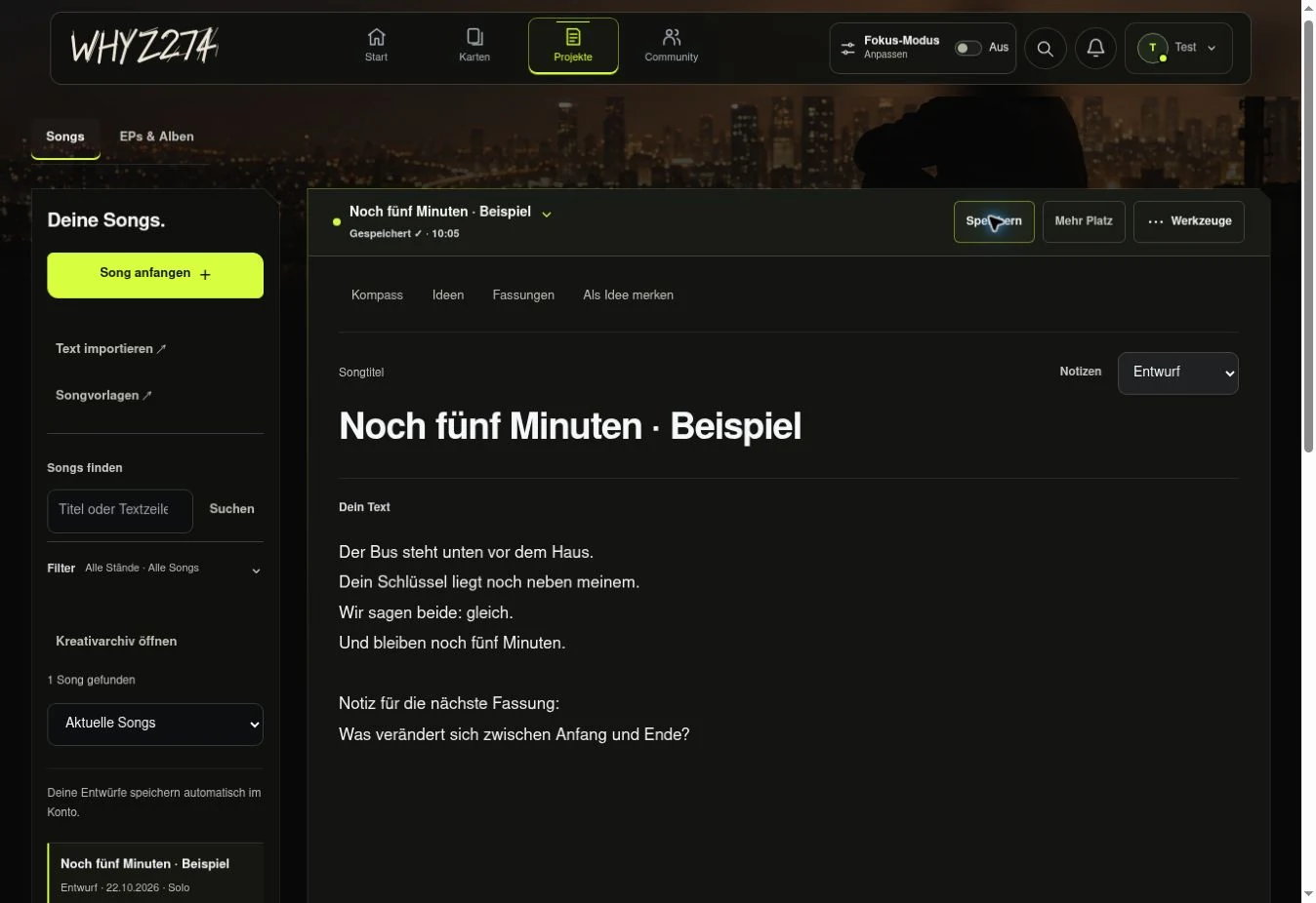 Der WHYZ274 Schreibbereich: ein eigener Songentwurf in der Oberfläche, dargestellt mit Beispieldaten.
